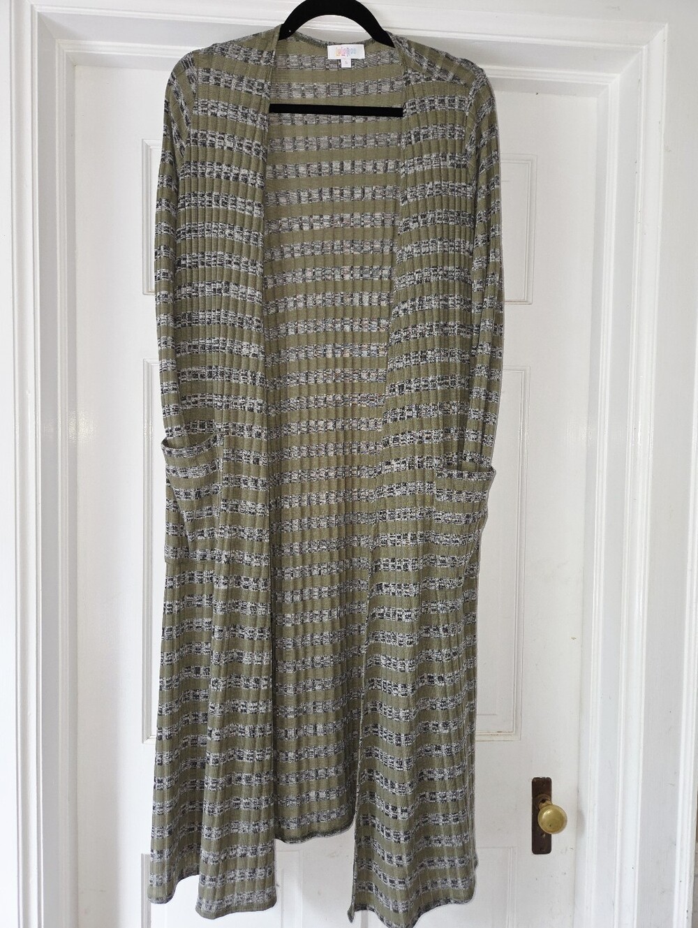 LuLaRoe NWT Sarah Long Duster Cardigan Small Olive Green Gray Grid Stripe Ribbed